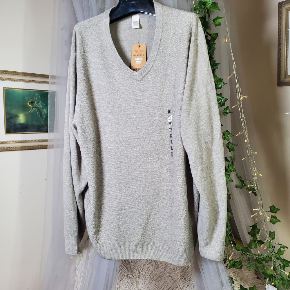 DOCKERS V Neck Sweater Mens 2XL NWT Grey/Taupe Soft $55 Business Casual Golf‎